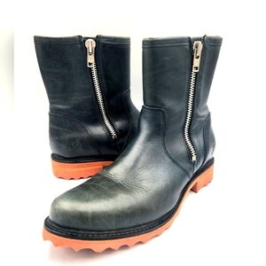 John Fluevog LOFS Stella Green Ankle Boots Womens 12 Leather Zip Side 7 inch